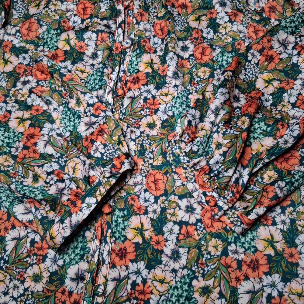 Lauren Conrad Blouse Small Green Peach Floral Button Front Ruffle Country Flower - Picture 14 of 16